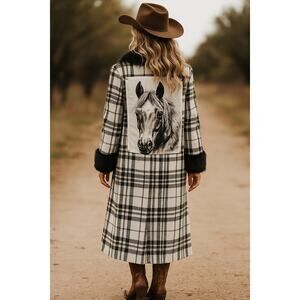 Upcycled Plaid Coat Faux Fur Collar Cuffs Horse Patch Midi Warm Winter Jacket M